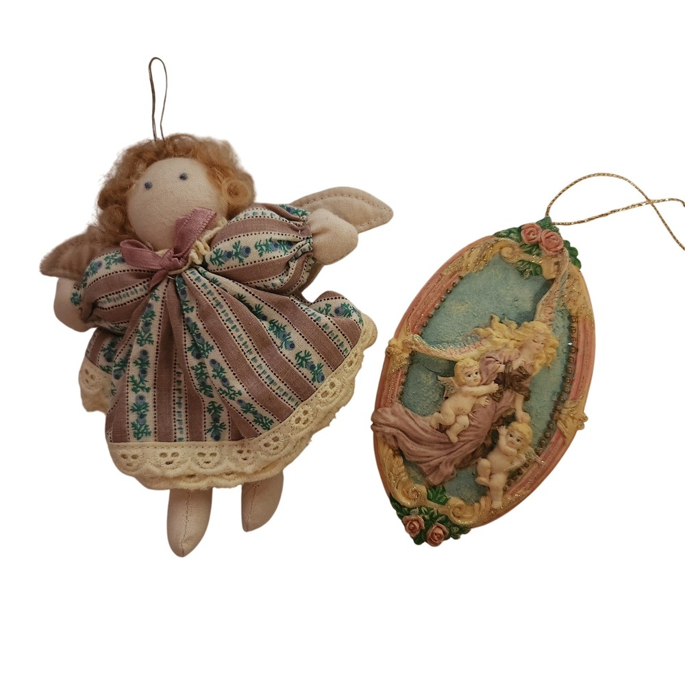 Vintage Angel Ornament Set Resin & Fabric Cherub Wall Hanging‎ Decor